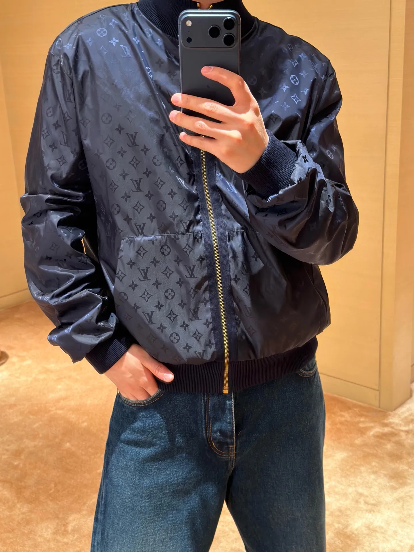 Louis Vuitton/Louis Vuitton leather label printed double-sided stand-up collar jacket